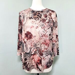 Chicos 2 Red Tan Floral Lace Look Soft 3/4 Sleeve Top Large Sz 12 Elegant